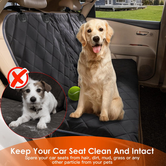 Dog sitting on a car seat cover with a smaller inset showing a dog in a pet carrier, and text about keeping car seats clean.