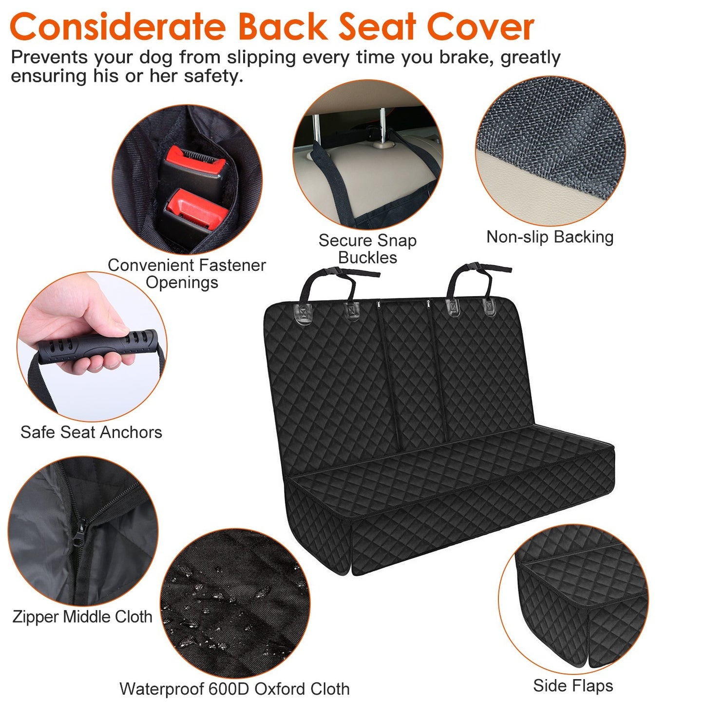 Black car seat cover with features highlighted on a white background