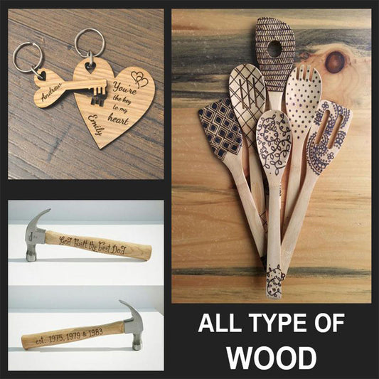 Collage of wooden keychain, utensils, and hammers with engraved text on a wooden surface.