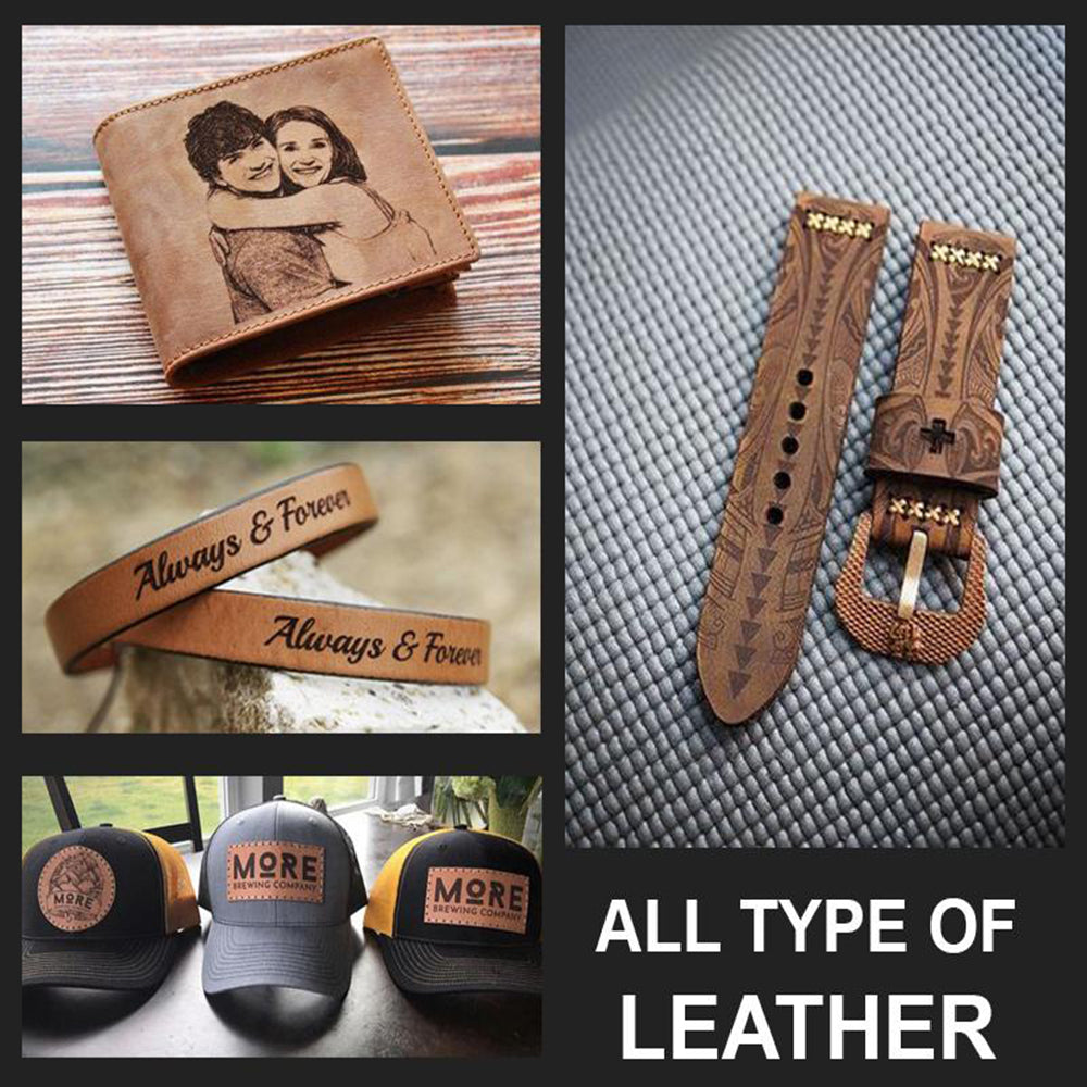 Collage of leather products including a wallet, strap, belt, and hats with engraved text.
