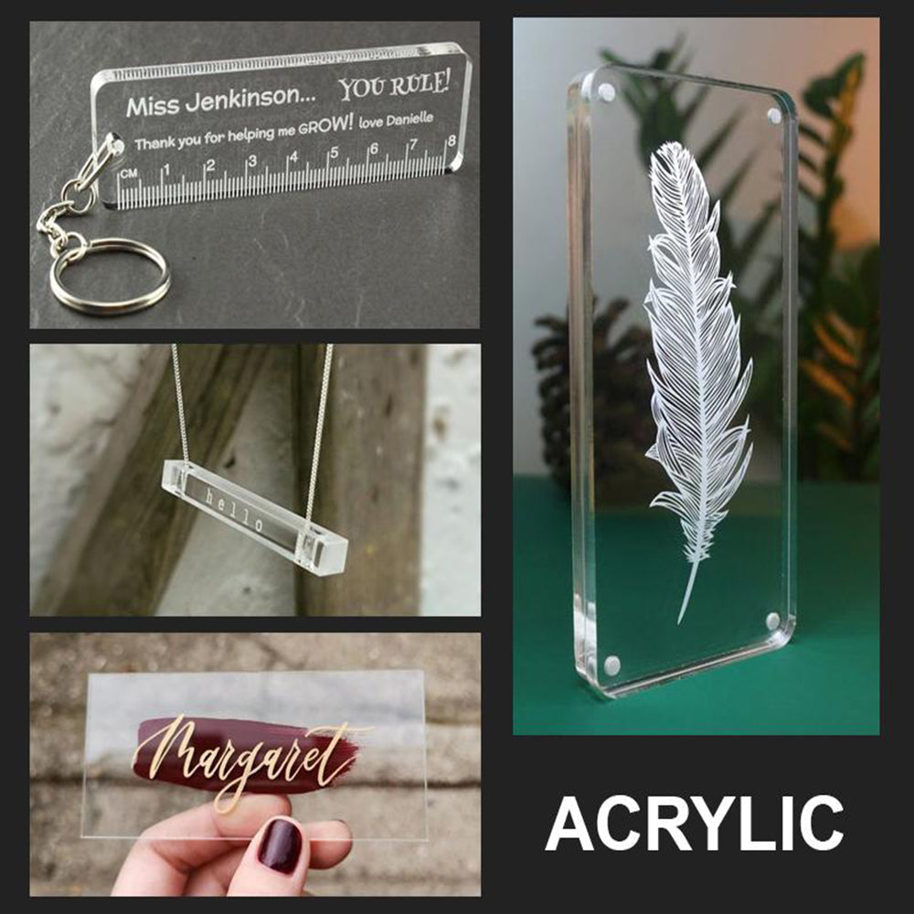 Collage of acrylic items including a keychain, ruler, and feather design with text.