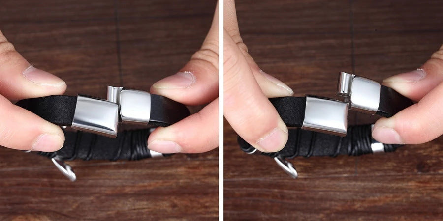 ForgeWeave stainless steel magnetic clasp shown open and closed on the woven leather band