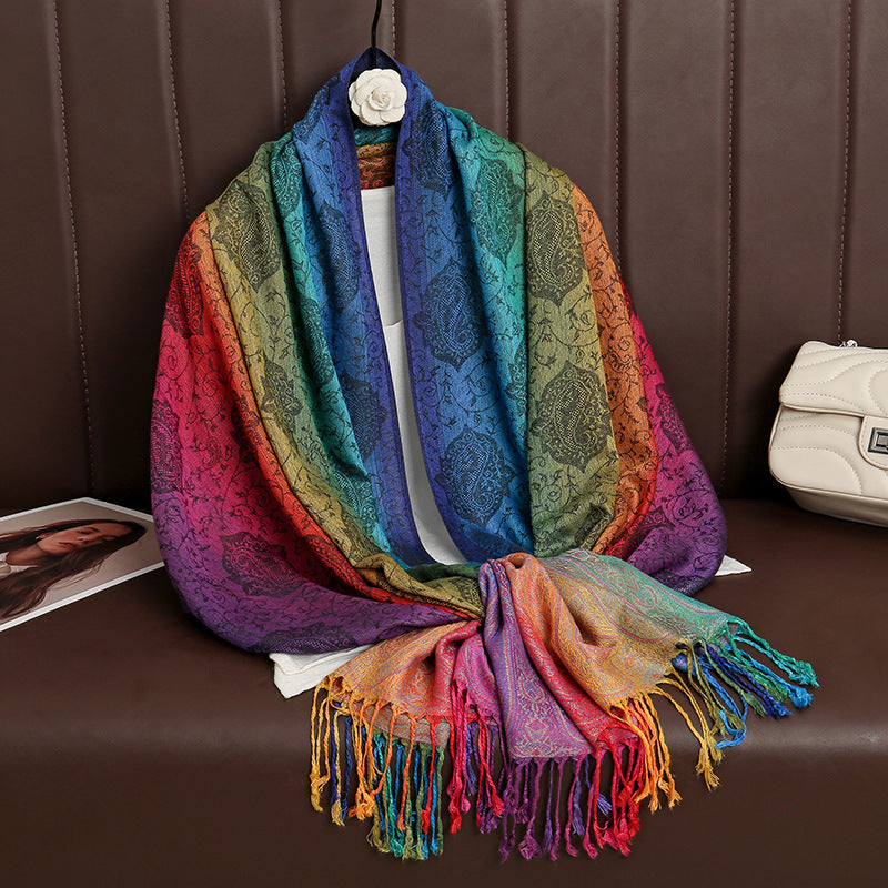 HueWrap deep blue and green paisley scarf with multicolor tasseled edges