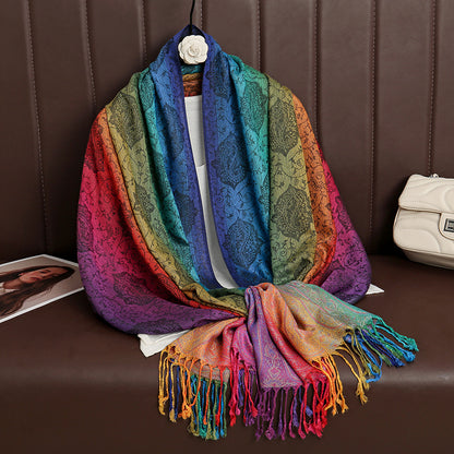 HueWrap deep blue and green paisley scarf with multicolor tasseled edges