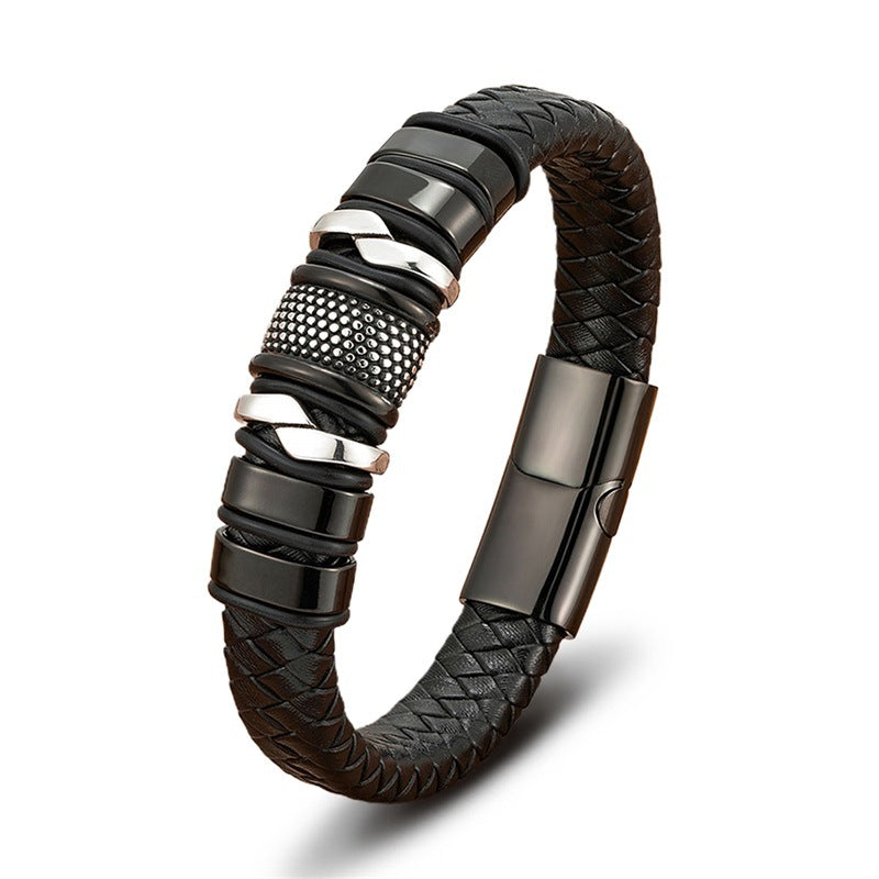 ForgeWeave woven leather bracelet with black stainless steel clasp on a white background