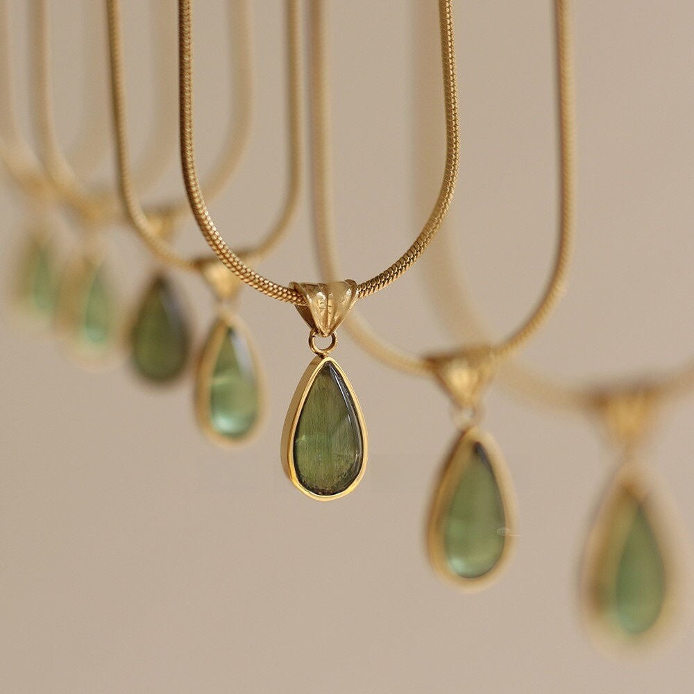DewLume green teardrop pendant necklace with gold-tone chain