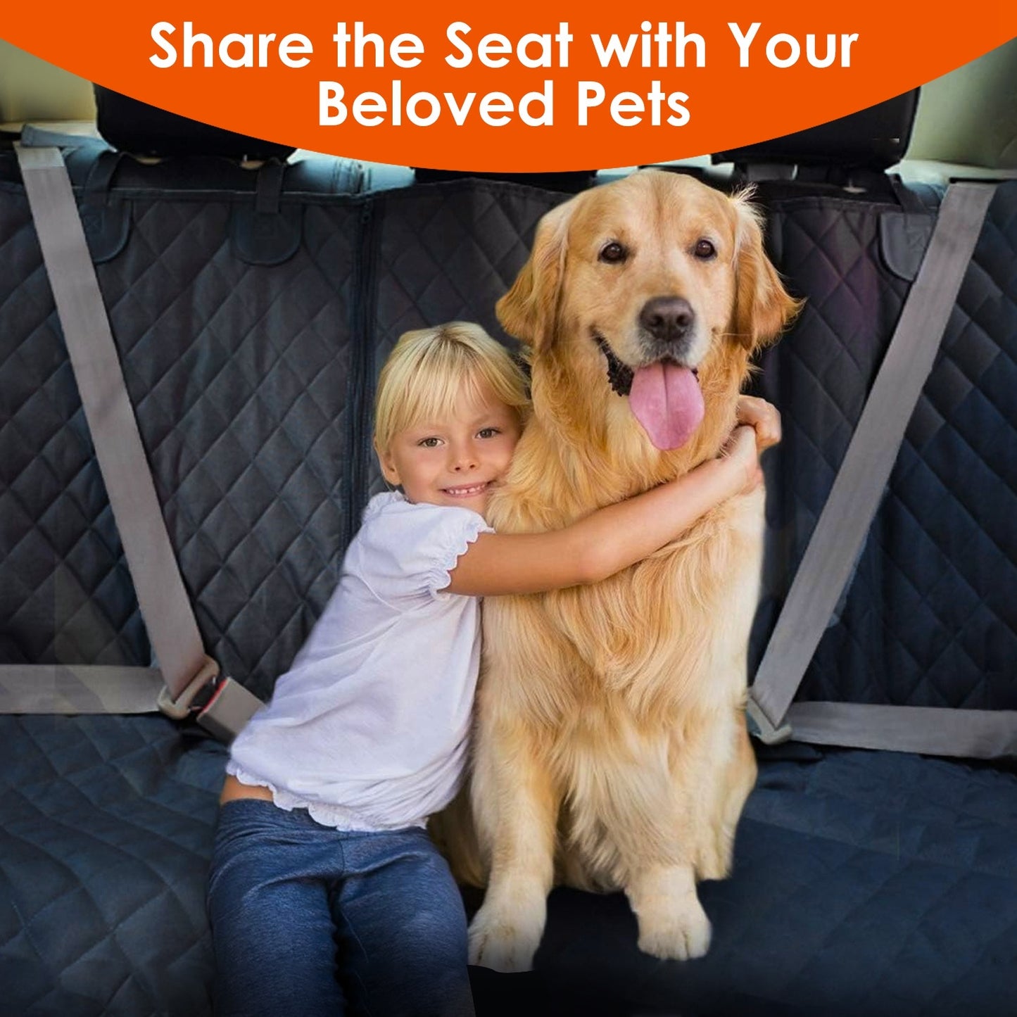 Child and dog sitting on a car seat cover with text 'Share the Seat with Your Beloved Pets'.