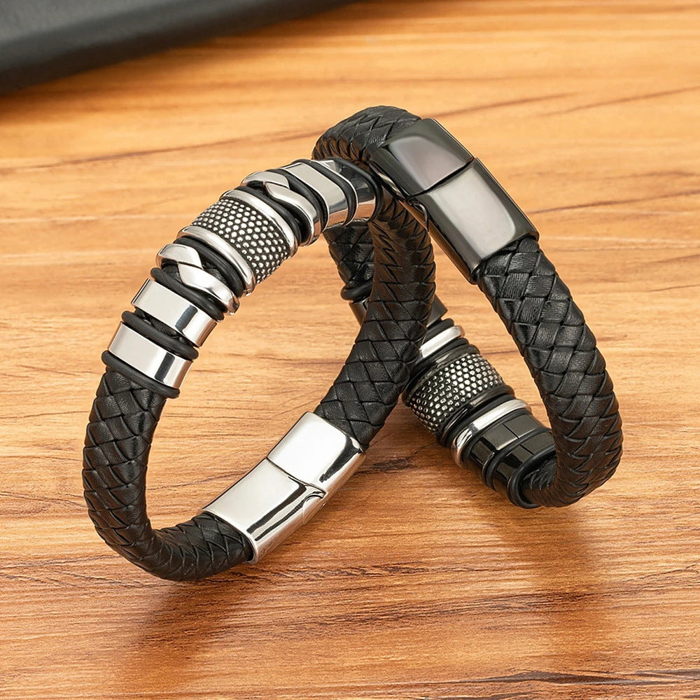 ForgeWeave steel-tone and black clasp bracelets displayed together on wood; one bracelet per order
