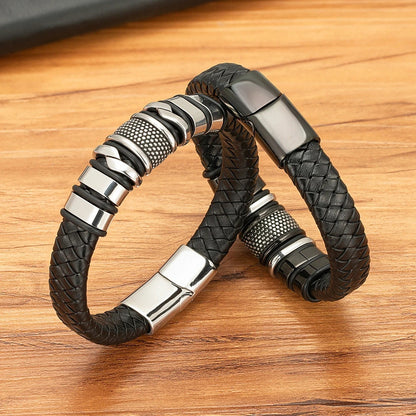 ForgeWeave steel-tone and black clasp bracelets displayed together on wood; one bracelet per order