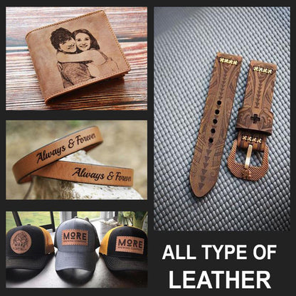 Collage of leather products including a wallet, strap, belt, and hats with engraved text.