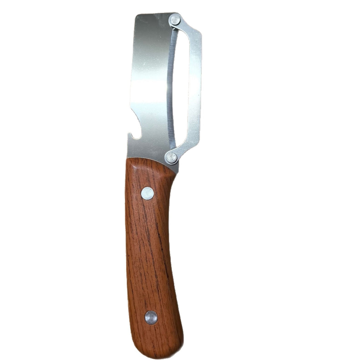 PrepSwift wood-handle peeler shown upright with its stainless steel peeling blade