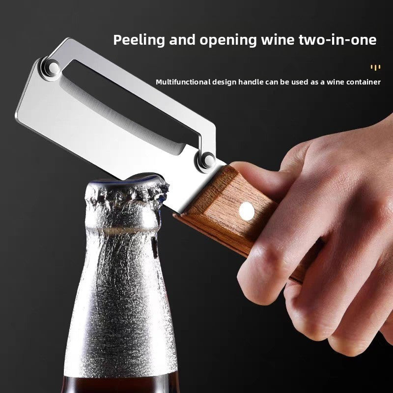PrepSwift peeler showing the side bottle-cap opener in use