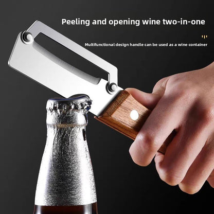 PrepSwift peeler showing the side bottle-cap opener in use