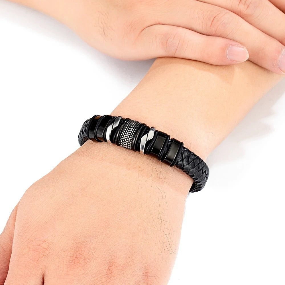 ForgeWeave woven leather bracelet worn on a wrist with a white sleeve