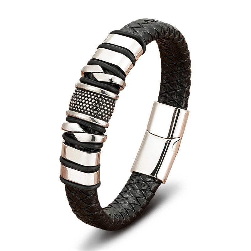 ForgeWeave braided leather bracelet with steel-tone stainless steel clasp on white