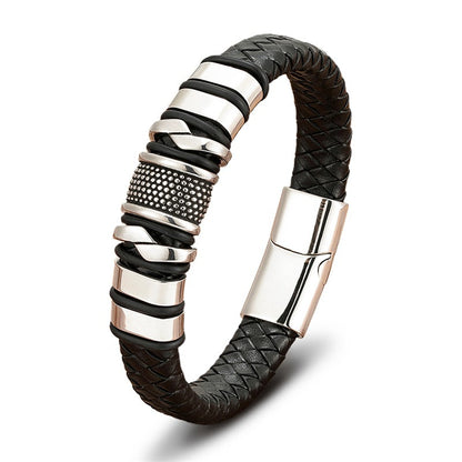 ForgeWeave braided leather bracelet with steel-tone stainless steel clasp on white