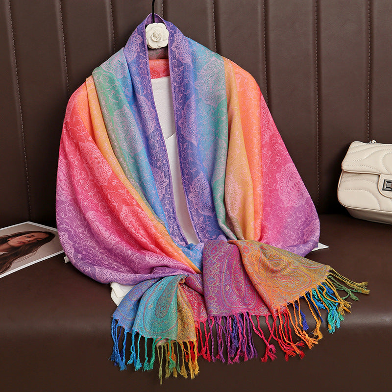 HueWrap scarf with pastel rainbow gradients, paisley pattern and tasseled edges