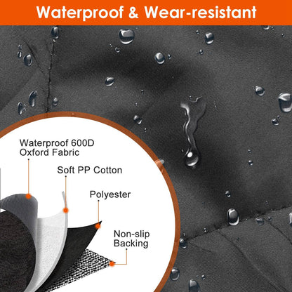 Textured fabric with water droplets and labeled components on a black background